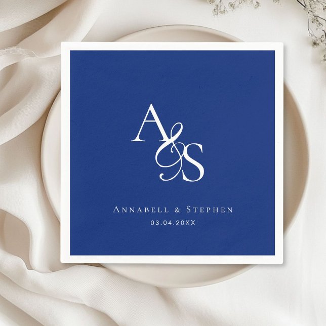 Elegant, Classic, Monogram, Blue Wedding Napkin (Elegant, Classic, Monogram, Blue-White, Wedding Napkin with your name and date.)