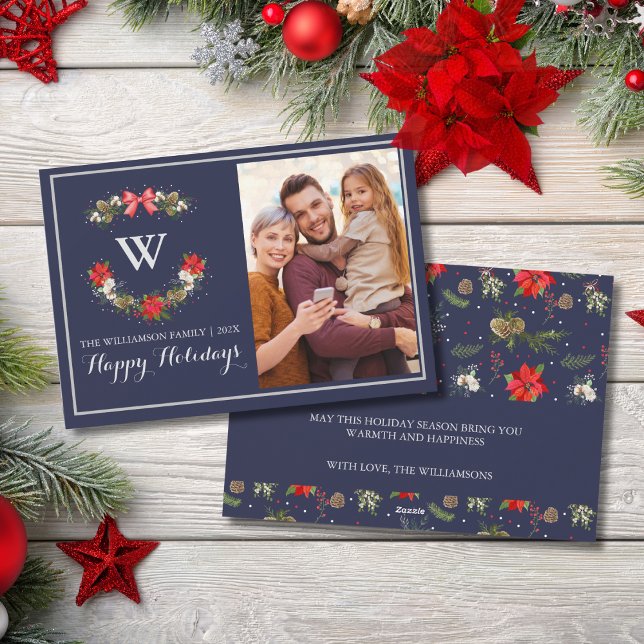 Elegant Classic Monogram Floral Happy Holiday Card (Creator Uploaded)