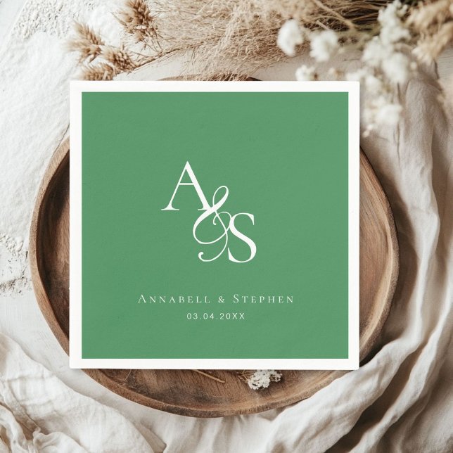 Elegant, Classic, Monogram, Forest-Green Wedding Napkin (Elegant, Classic, Monogram, GREEN, Wedding Napkin with your name and date.)