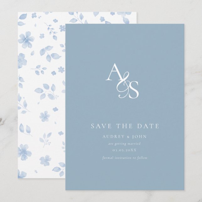Elegant, Classic, Monogram, Powder-Blue, Wedding Save The Date (Front/Back)
