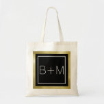 elegant classic monogram, weddings tote bag<br><div class="desc">Black square with faux gold border and couple initial letters in a thin and elegant font-style</div>