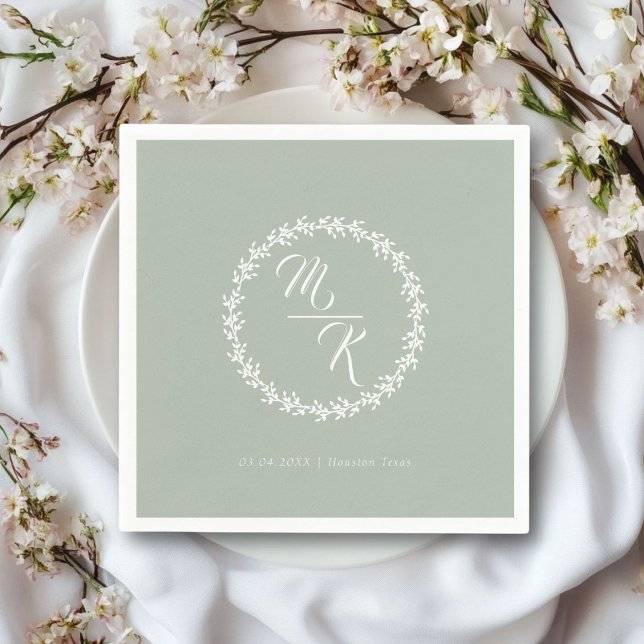Elegant, classic monogram wreath napkin (Personalized, elegant, classic green wedding napkin, simple wreath, with your monograms & text.)