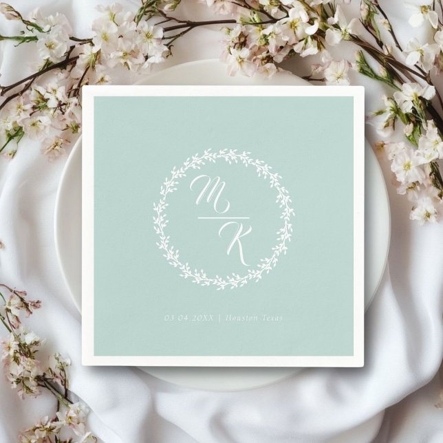 Elegant, classic monogram wreath napkin (Personalized, elegant, classic mint-green wedding napkin, simple wreath, with your monograms & text.)