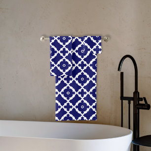 Elegant Classic Navy Blue and White Mosaic Pattern Bath Towel Set
