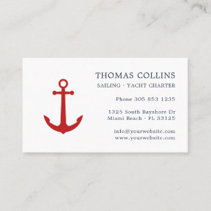 Elegant Classic Navy Blue & Red Nautical Anchor Business Card