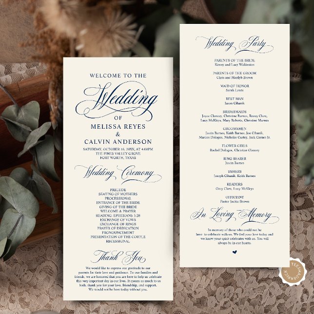 Elegant Classic Navy Blue Script Wedding Ceremony Program (Elegant Classic Navy Blue and Ivory Script Wedding Ceremony Program Card)