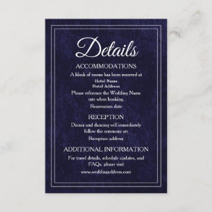 Elegant Classic Navy Blue Velvet Wedding Details Enclosure Card
