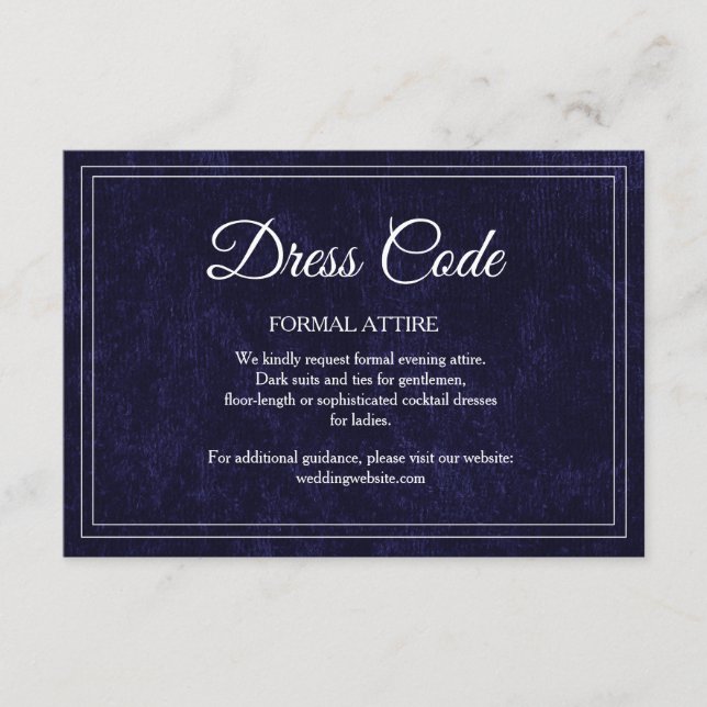 Elegant Classic Navy Blue Wedding Dress Code Enclosure Card (Front)
