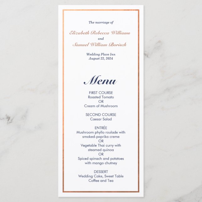 Elegant Classic Navy Faux Copper Wedding Menu (Front)