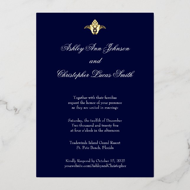 Elegant Classic Navy Gold Foil Wedding Invitation (Front)