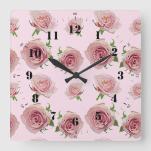 Elegant classic pink roses flower pattern square wall clock
