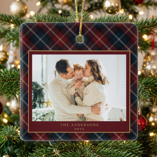 Elegant Classic Plaid Family Photo Christmas Ceramic Ornament