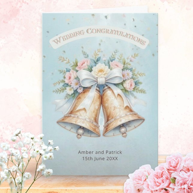 Elegant Classic Pretty Personalized Wedding Bells Card (A personalized wedding Congratulations card for the newlywed couple, with bells, flowers and ribbon)