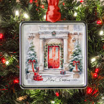 Elegant Classic Red Door Merry Christmas Metal Ornament<br><div class="desc">A Grand Entrance to Your Holiday Decor! This exquisite square ceramic ornament features a magnificent watercolor illustration of a snow-dusted, stately home entrance with a vibrant red door, beautifully framed by a lush garland and two classic Christmas trees adorned with red bows and presents. The customizable "Merry Christmas" script adds...</div>