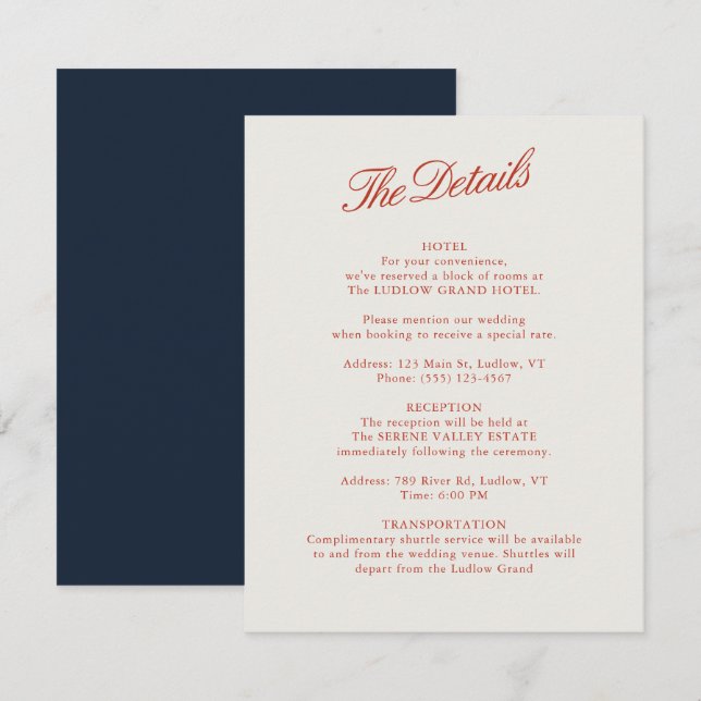 Elegant Classic Red & Ivory Wedding Details Card (Front/Back)