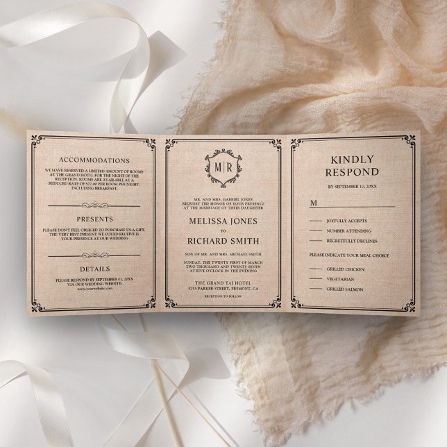 Elegant Classic Rustic Burlap Monogram Wedding Tri-Fold Invitation (Creator Uploaded)