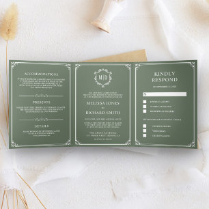 Elegant Classic Sage Green Monogram Wedding Tri-Fold Invitation