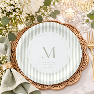 Elegant Classic Sage Stripe Monogram Bridal Shower Paper Plate