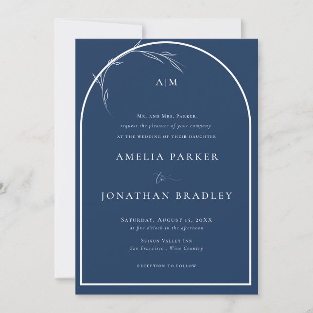 Elegant Classic Script Blue | Formal Wedding Invitation (Front)
