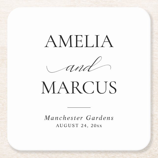 Elegant Classic Script Calligraphy Wedding Square Paper Coaster (Front)