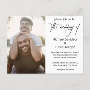 elegant classic script gay wedding photo invitation postcard