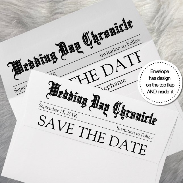 Elegant Classic Script Personalizable Newspaper Envelope (Chic Black Calligraphy Inside Outside Design Save the Date Envelope)