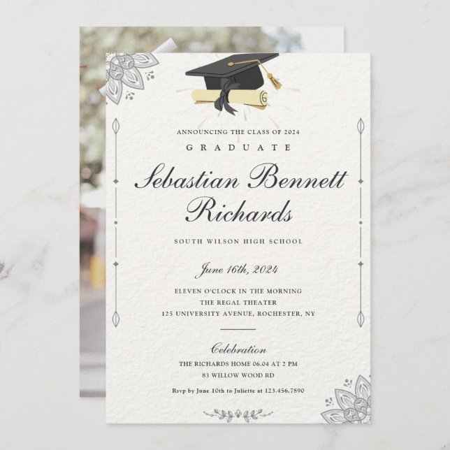 Elegant Classic Script Photo Graduation  Invitation (Front/Back)