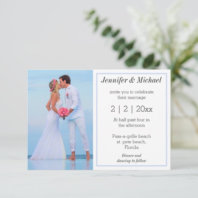 elegant classic script photo simple beach wedding invitation (Standing Front)