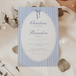 Elegant Classic Script Striped Blue Bow Wedding Invitation