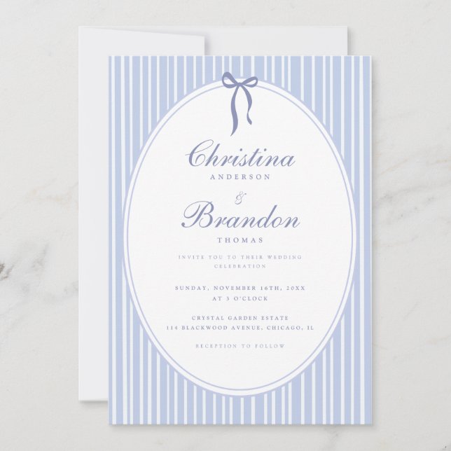 Elegant Classic Script Striped Blue Bow Wedding Invitation (Front)
