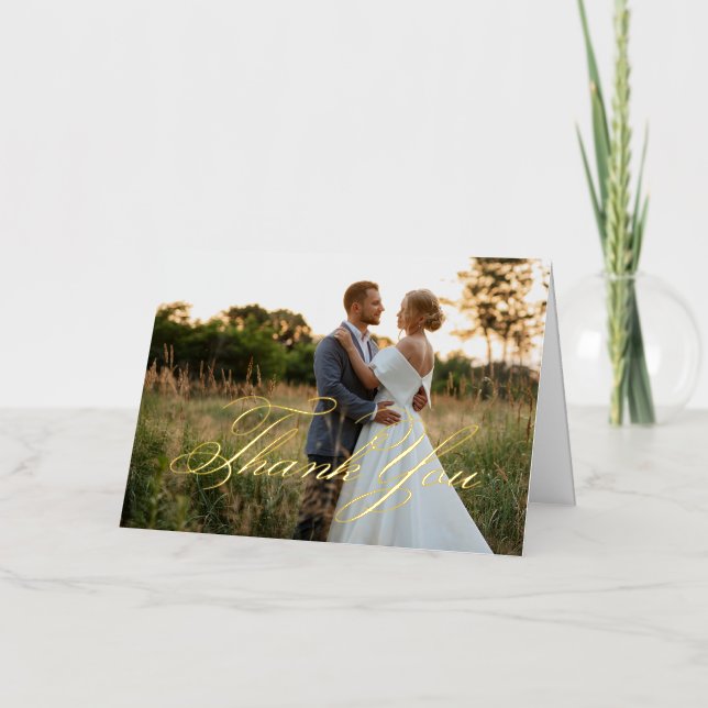 Elegant Classic Script Thank You Wedding Photo Foil Greeting Card (Front)