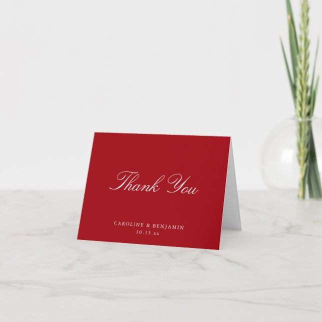 Elegant Classic Script Wedding Red White Folded Thank You Card (Front)