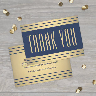 Elegant Classic Stripes Chic Navy Blue and Gold Thank You Card