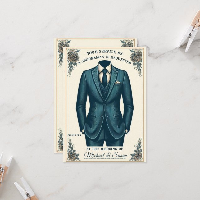 Elegant Classic Suit Groomsman Proposal Card (Front/Back In Situ)