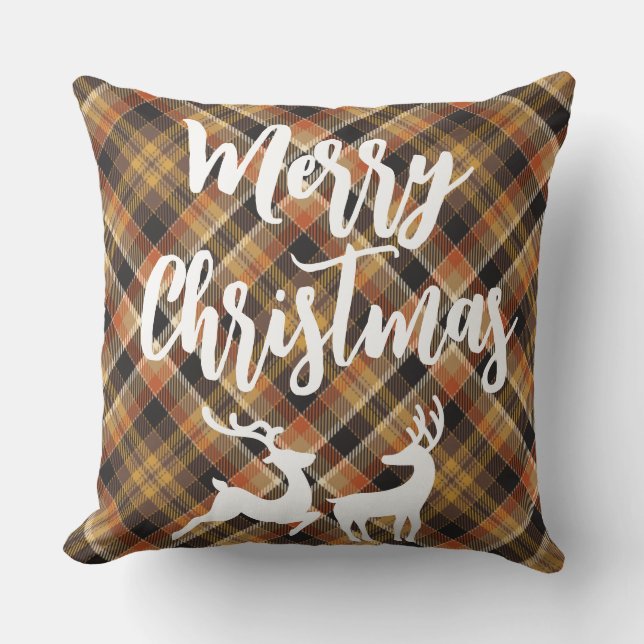 Elegant classic tartan plaid Merry christmas deer Throw Pillow (Front)