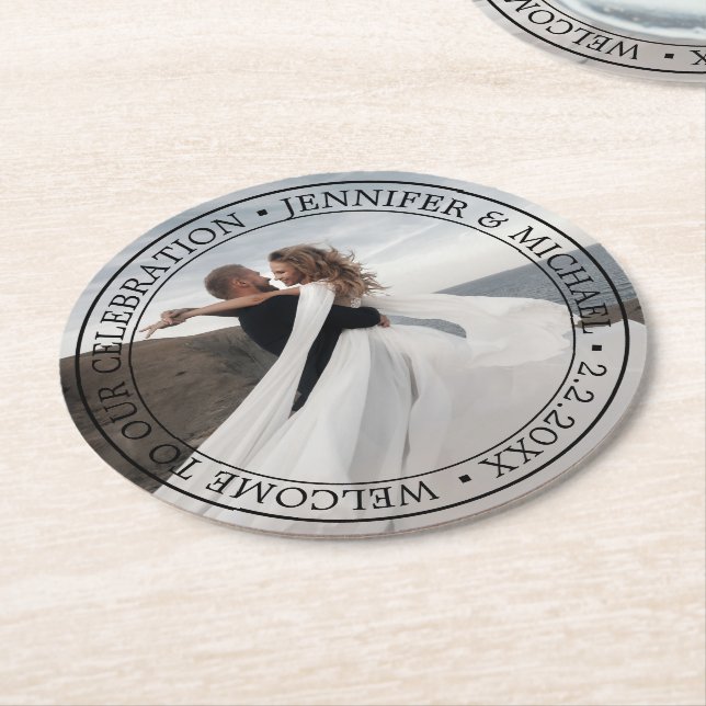 elegant classic typography wedding photo  round paper coaster (Angled)
