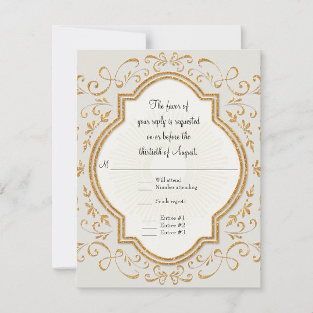 Elegant Classic Vintage Script Swirl Gold RSVP (Front)