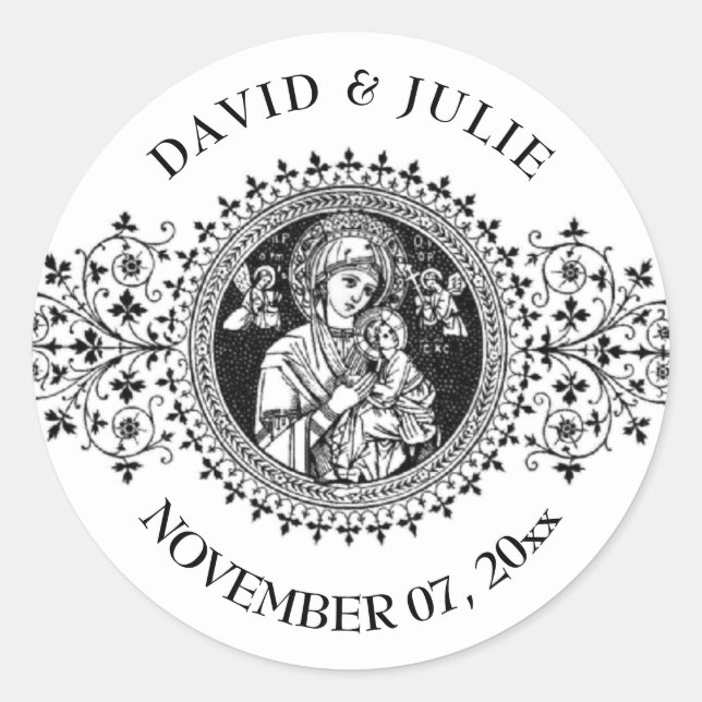 Elegant Classic Virgin Mary Jesus Black White Classic Round Sticker (Front)