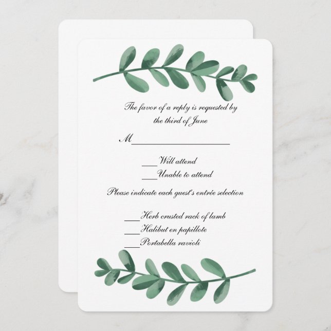 Elegant Classic Watercolor Green Leaves Response Invitation (Front/Back)