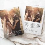Elegant classic wedding photo folded thank you card<br><div class="desc">Folded wedding thank you card featuring your photo with a white text  overlay "Thank you" in an elegant font with the couple's names below on the front. Additional photo and custom thank you message inside. Black text on white background. Colours and fonts can be customized.</div>