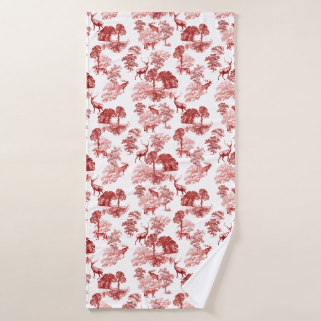 Elegant Classical Red French Toile Deer Forest Bath Towel (Bath Towel)