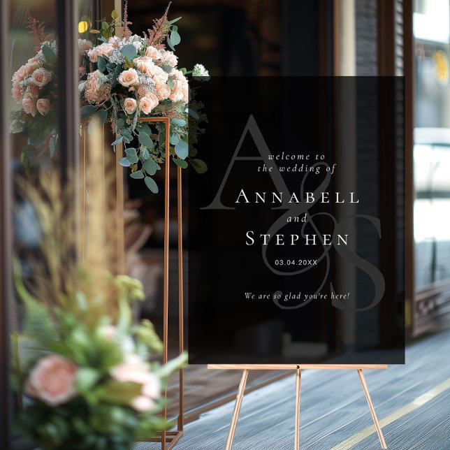 Élégant, Classique, Monogramme, Noir, Mariage (Elegant, Classic, Monogram, Black, Wedding Acrylic Sign with your name and date)