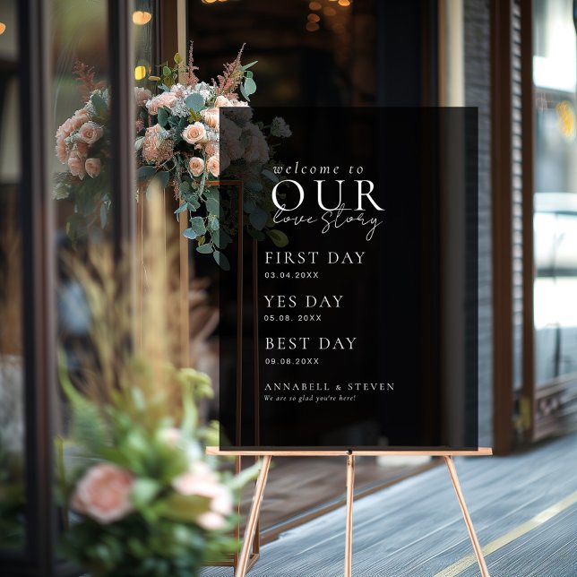 Élégant, classique, noir, BIENVENUE À NOTRE HISTOI (Elegant, Classic, WELCOME TO OUR LOVE STORY Acrylic Sign with your name and date.)