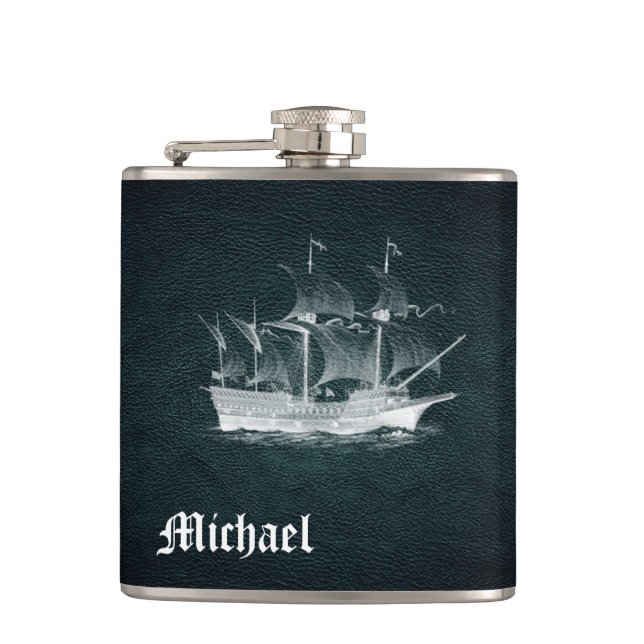 Elegant classy ancient ship  leather personalized hip flask (Front)