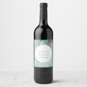 ELEGANT CLASSY AQUA DUSKY BLUE GOLD AGATE WEDDING  WINE LABEL