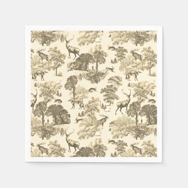 Elegant Classy Beige Tan French Toile Deer Pattern Napkin (Front)