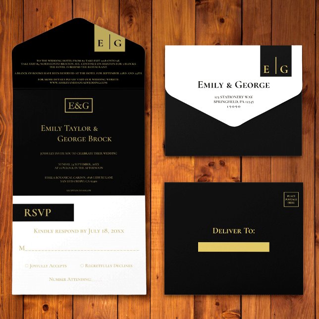 Elegant Classy Black Gold Monogram Formal Wedding All In One Invitation (Creator Uploaded)