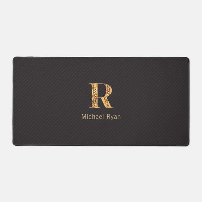  Elegant Classy Black & Gold Personalized Monogram Desk Mat (Front)