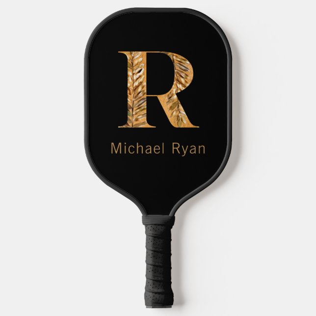  Elegant Classy Black & Gold Personalized Monogram Pickleball Paddle (Front)