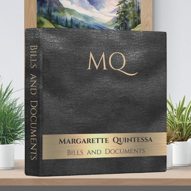 Elegant Classy Black Leather Gold Foil Monogrammed Binder (Creator Uploaded)
